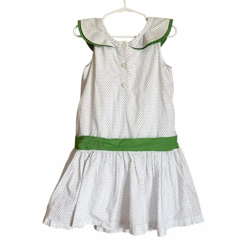 Janie and Jack White Polka Dot Dress Green Trim Girls Size 4 Classic Cotton